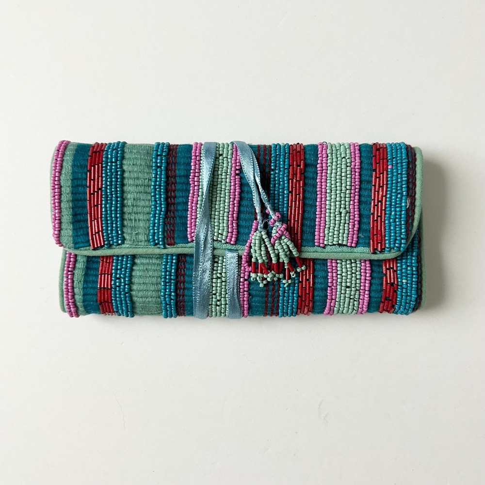 Anthropologie Danica Beaded Embellished Jewelry Roll Organizer Pouch Striped